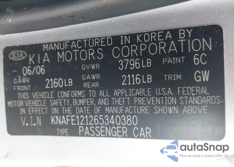 2006 Kia Spectra Ex/Lx/Sx from USA, damaged, VIN KNAFE121265340380